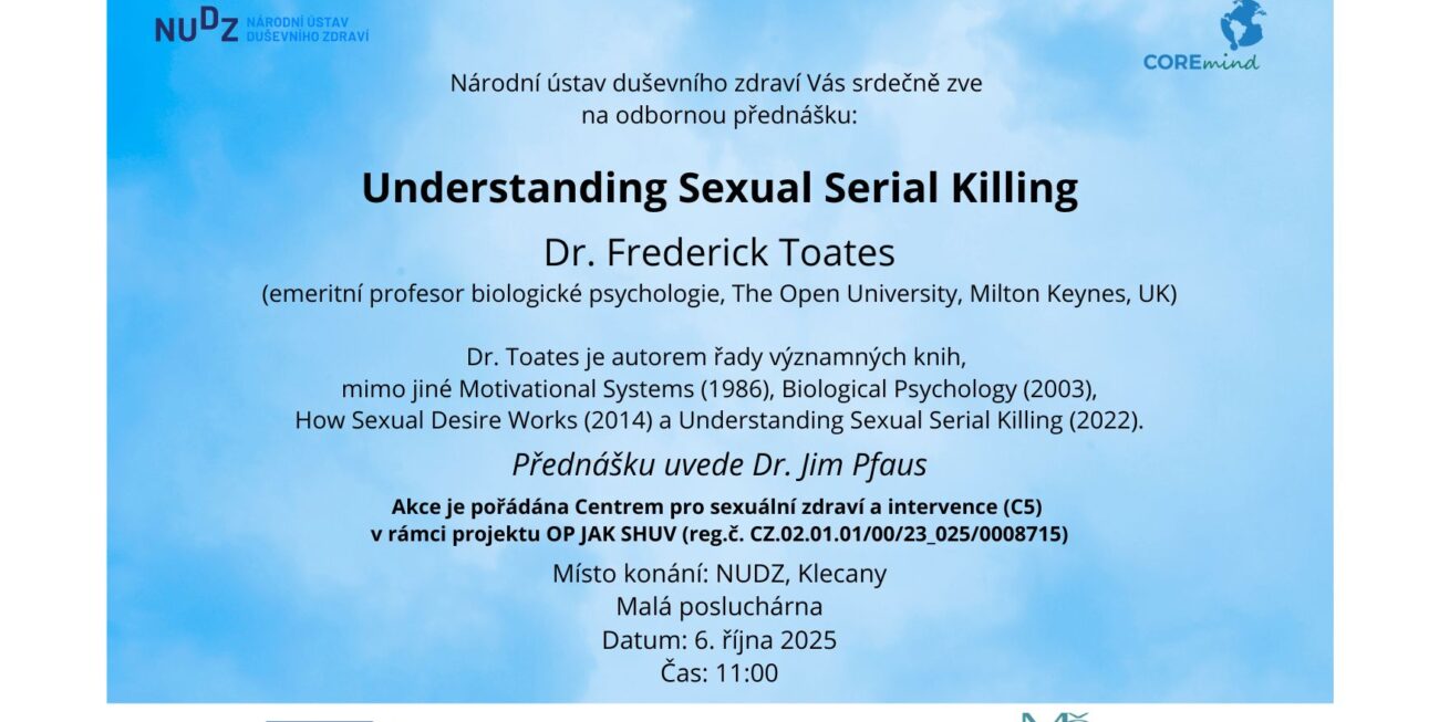 Národní ústav duševního zdraví Vás srdečně zve na přednášku Dr. Toates, autora Motivational Systems (1986), Biological Psychology (2003), How Sexual Desire Works (2014) a Understanding Sexual Serial Killing (2022).
