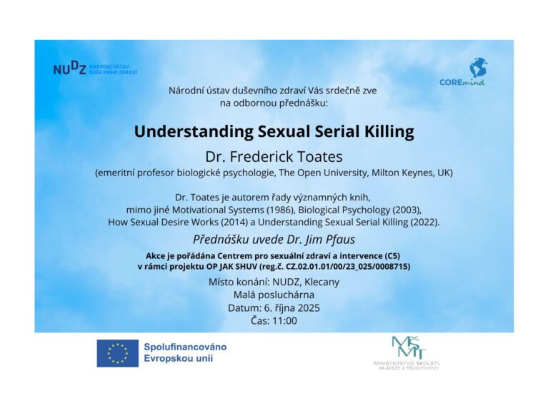 Národní ústav duševního zdraví Vás srdečně zve na přednášku Dr. Toates, autora Motivational Systems (1986), Biological Psychology (2003), How Sexual Desire Works (2014) a Understanding Sexual Serial Killing (2022).